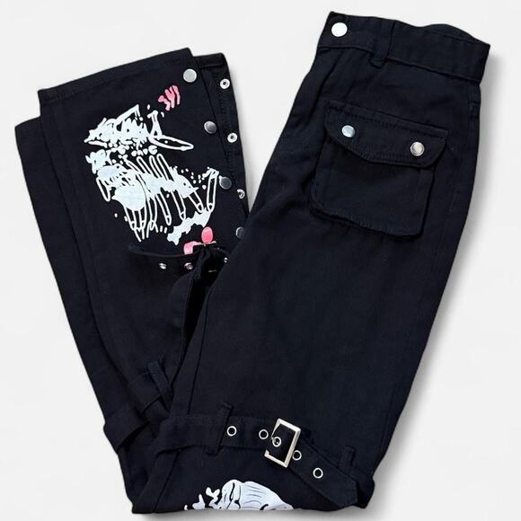 Meowcos Black, White & Red Painted High Waisted Punk Goth Strappy Cargo Pants S - Picture 1 of 7
